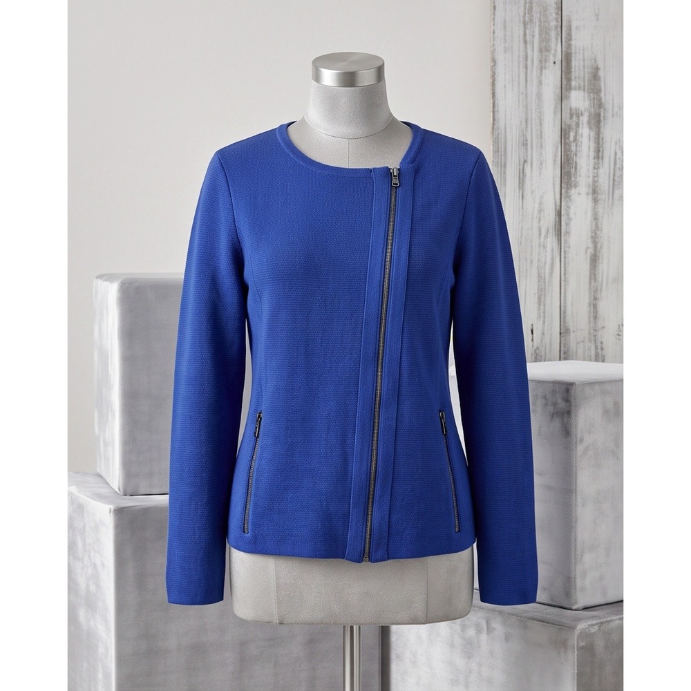 Chico's 2 Royal Blue Cotton Asymmetric Zip Moto Sweater Jacket Large